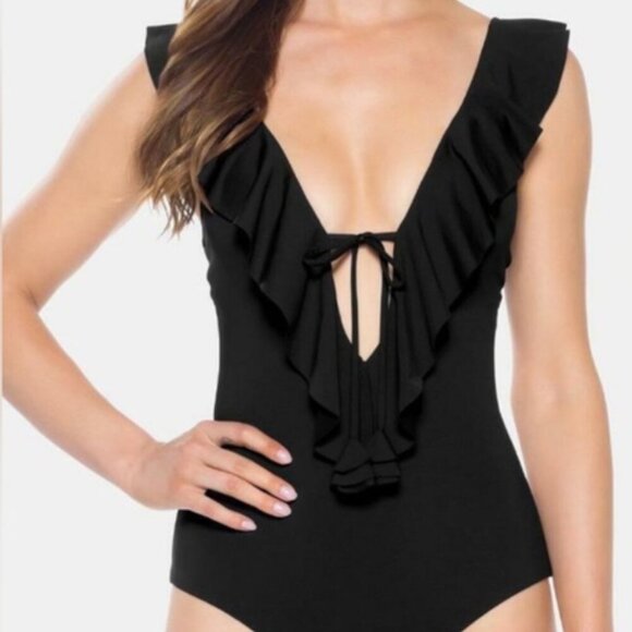 Becca Socialite Swimsuit One Piece V-Neck Ruffled Plunging Black New Size Small - Picture 2 of 12